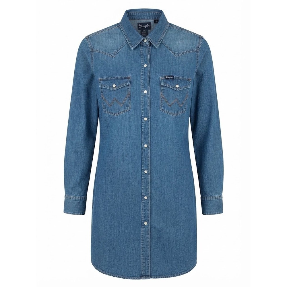 Wrangler Retro Womens Blue Denim Western Pearl Snap Shirt Dress Large